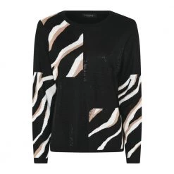 Sort Godske Strikket Genser Fra Icona Med Strass Og Striper I Hvit/Lys Brun Print Og Sorte Stener Genser Black