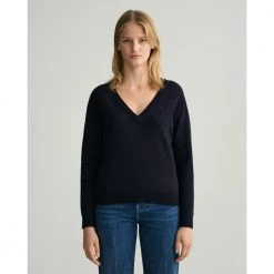 Blå Gant Gant Superfine Lambswool V-Neck Overdeler Blue -Dame-strikkegensere Salg unnamed file 3116